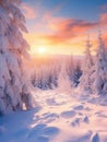 Winter scene with snow covered trees and a sunset Royalty Free Stock Photo