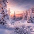 Winter scene with snow covered trees and a sunset Royalty Free Stock Photo