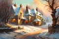 winter scene with snow falling on an english village street with old houses