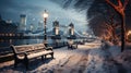 Winter scene of snowy embankment of the river Thames, Tower Bridge in London, UK Royalty Free Stock Photo