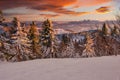 Winter scene during sunset from Velka Raca mountain in Kysucke Beskydy Royalty Free Stock Photo