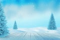 Winter scene with table, trees and snow. Christmas background Royalty Free Stock Photo