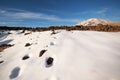 Winter scene of Teide national park at sunset with volcanic rocks and snow, in Tenerife, Canary islands, Spain.