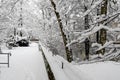 Winter scene -thickly snow covered park, river Pegnitz, Nuremberg, Germany Royalty Free Stock Photo