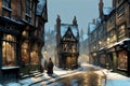 scene with a traditional old-fashioned english town street with snow covered medieval buildings with illuminated windows at