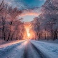 winter scene unfolds with a snowy road winding through a landscape of snow-covered trees