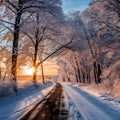 winter scene unfolds with a snowy road winding through a landscape of snow-covered trees