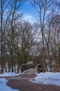 Winter Scene with wooden Bridge over the DuPage River West Branch in Naperville Royalty Free Stock Photo