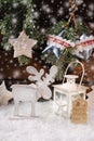 Winter scene with wooden reindeer and lantern for christmas Royalty Free Stock Photo