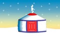Winter scene with yurt snowflakes snowfall steppe sunset sunrise red door blue colorful pattern smoke traditional house mongolia