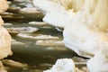 Winter scenery. Baltic Sea. Close up ice formations icicles on pier poles Royalty Free Stock Photo