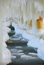 Winter scenery. Baltic Sea. Close up ice formations icicles on pier poles Royalty Free Stock Photo