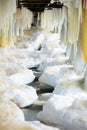 Winter scenery. Baltic Sea. Close up ice formations icicles on pier poles Royalty Free Stock Photo