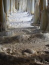 Winter scenery. Baltic Sea. Close up ice formations icicles on pier poles Royalty Free Stock Photo