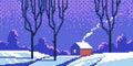 Winter scenery with cabin. Pixel art cartoon landscape with snowy frozen mountains, trees, cozy tiny house in frost