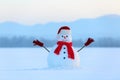 Winter scenery. Christmas snowman wearing red hat, scarf and gloves. High mountains.