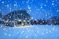 Winter scenery with cottage wooden house