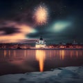 Winter scenery, an explosion of fireworks over a frozen river and a white church. New Year\'s fun and festiv Royalty Free Stock Photo