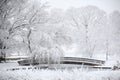 Winter scenery featuring a snow-covered bridge in a peaceful park setting during a quiet snowfall Royalty Free Stock Photo