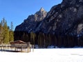 Winter scenery of frozen lake Braies at Dolomites alps Italy