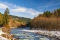 Winter scenery of ice and snow along the White River under Mount Rainier.