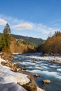 Winter scenery of ice and snow along the White River under Mount Rainier.