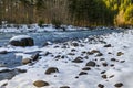 Winter scenery of ice and snow along the White River under Mount Rainier.