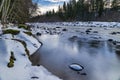 Winter scenery of ice and snow along the White River under Mount Rainier.