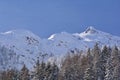 Snow covered mountain crests and forest