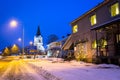 Winter scenery of Kyrkhult village in Sweden at night