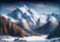 Winter scenery in mountains landscape with deep snow at sunrise. Al Illustration