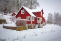 Winter scenery with red wooden house Royalty Free Stock Photo