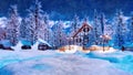 Mountain house at snowy winter night in watercolor Royalty Free Stock Photo