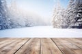 Winter scenic landscape. Wooden flooring strewn with snow in forest blurred background. Generative AI