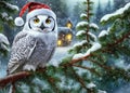 Snowy owl in Santa hat