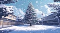 Winter Schoolyard Scene With Decorated Christmas Tree And Falling Snow Royalty Free Stock Photo