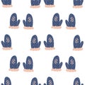 Winter seamless cozy pattern with doodle mittens ornament. White background