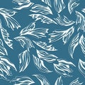 Winter seamless frosty pattern of contour white feathers on a blue background. Vector illustration