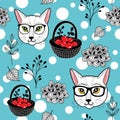 Winter seamless patten with red berries on the snow and smart cats.