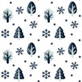 Winter seamless patter with winter trees and snowflakes. Christmas design. Vector illustration