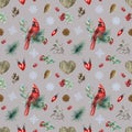 Winter Seamless Pattern With Bird And Natural Elements. Hand Drawn Watercolor Illustration With Red Cardinal, Spruce, Snowflakes.