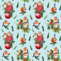 Winter seamless pattern with Birds robin. Holiday background, watercolor illustration