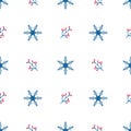 Winter seamless pattern of blue snowflakes and branches with red berries on white background in Scandinavian style Royalty Free Stock Photo