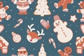 Winter seamless pattern with Christmas figures, gingerbread cookies. Stunning holiday background. Christmas repeat Royalty Free Stock Photo