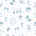 Winter seamless pattern with christmas tree, snowman, gingerbread, holly berry, etc. Vector illustration.