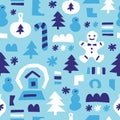 Winter seamless pattern with christmas tree toy, fir, snowman, snowflake, snowball, gingerbread man. Cloth design, wallpaper,