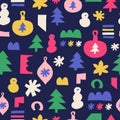 Winter seamless pattern with christmas tree toy, fir, snowman, snowflake.