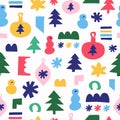 Winter seamless pattern with christmas tree toy, fir, snowman, snowflake.
