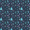 Winter seamless pattern in cold colors with Christmas decorations