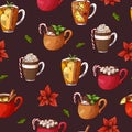 Winter seamless pattern. Cups with hot drinks on hand drawn style. Sketch vector illustration Royalty Free Stock Photo